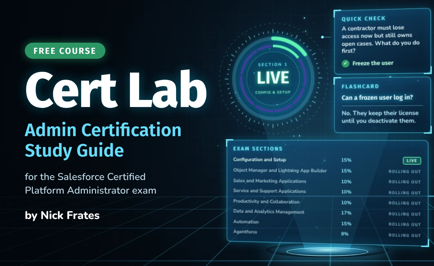 Cert Lab lab display: Section 1, Configuration and Setup, marked live; a quick check question; a flashcard about frozen users; and the exam sections with their weights, Configuration and Setup live and the rest rolling out.