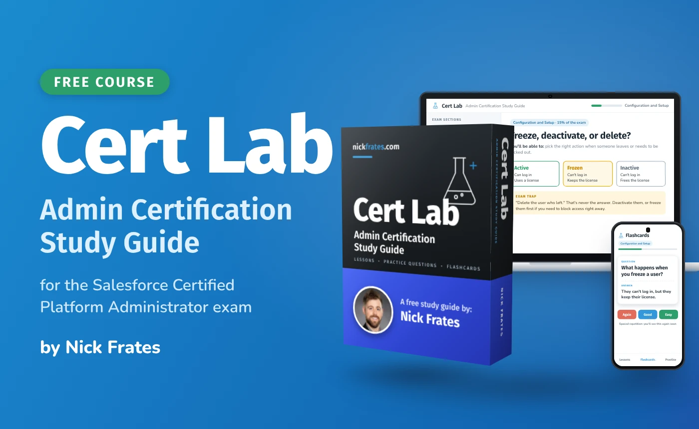 Cert Lab product box next to a laptop and phone showing a lesson and a flashcard from the free Admin Certification Study Guide.