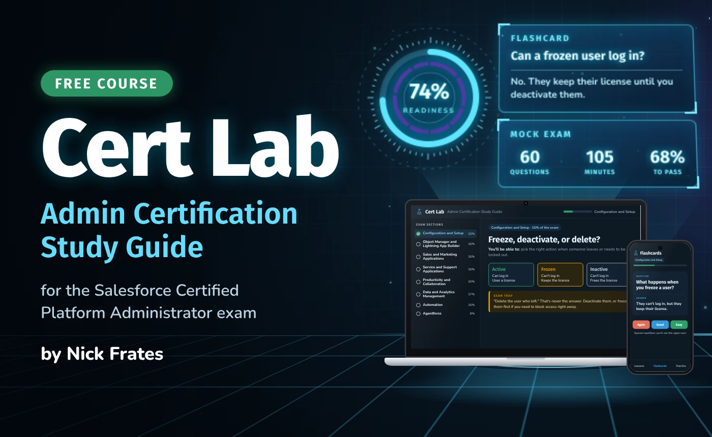 Cert Lab on a laptop and phone in a dark lab, with floating panels for a readiness gauge, a flashcard and exam facts. Illustration.