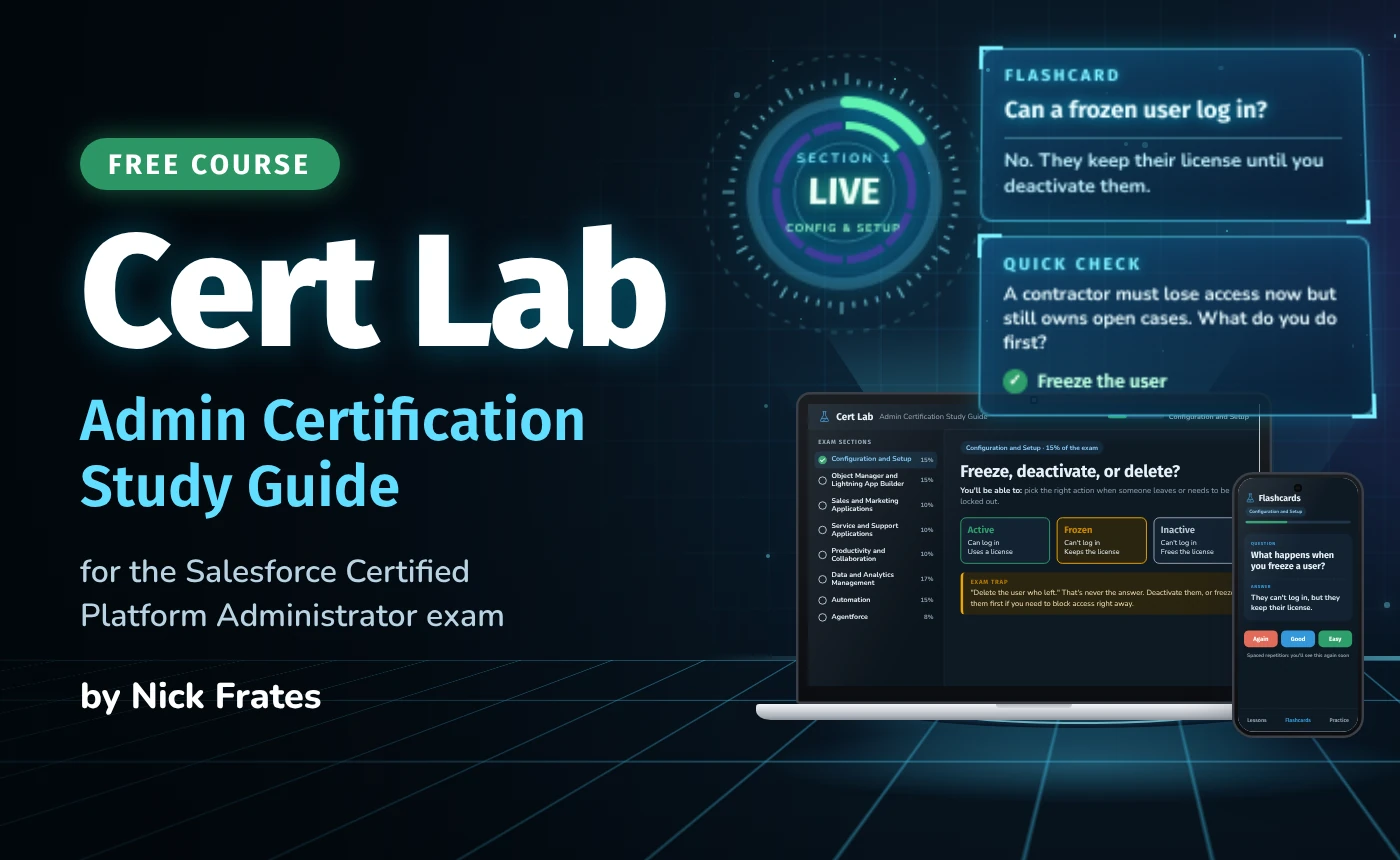 Cert Lab on a laptop and phone in a dark lab, with floating panels: Section 1, Configuration and Setup, marked live; a flashcard about frozen users; and a quick check question.