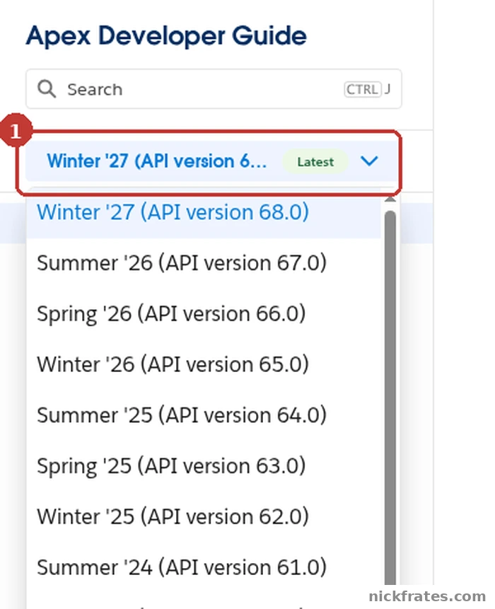 Apex Developer Guide version dropdown open, listing Winter '27 (API version 68.0), Summer '26 (67.0), Spring '26 (66.0) and older releases