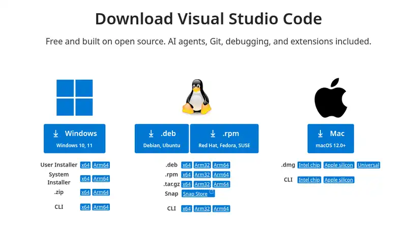 Official Visual Studio Code download page at code.visualstudio.com with installer buttons for Windows, Linux (.deb and .rpm), and Mac