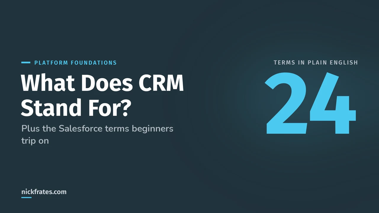 Header image: What Does CRM Stand For?, with a big number 24 for the terms explained in plain English.